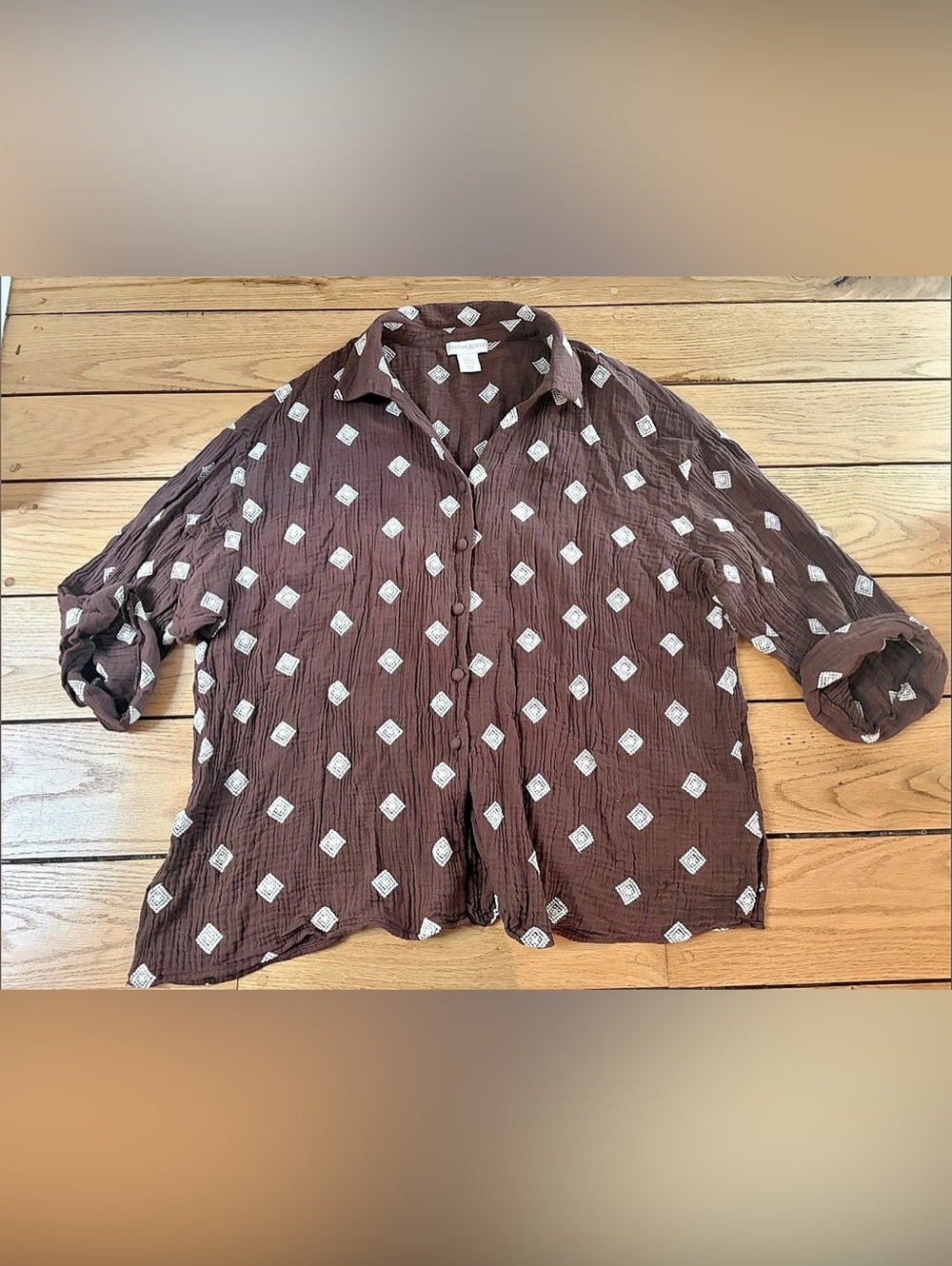 Cynthia Rowley Printed Geometric Blouse in Brown & White Size XL Like New